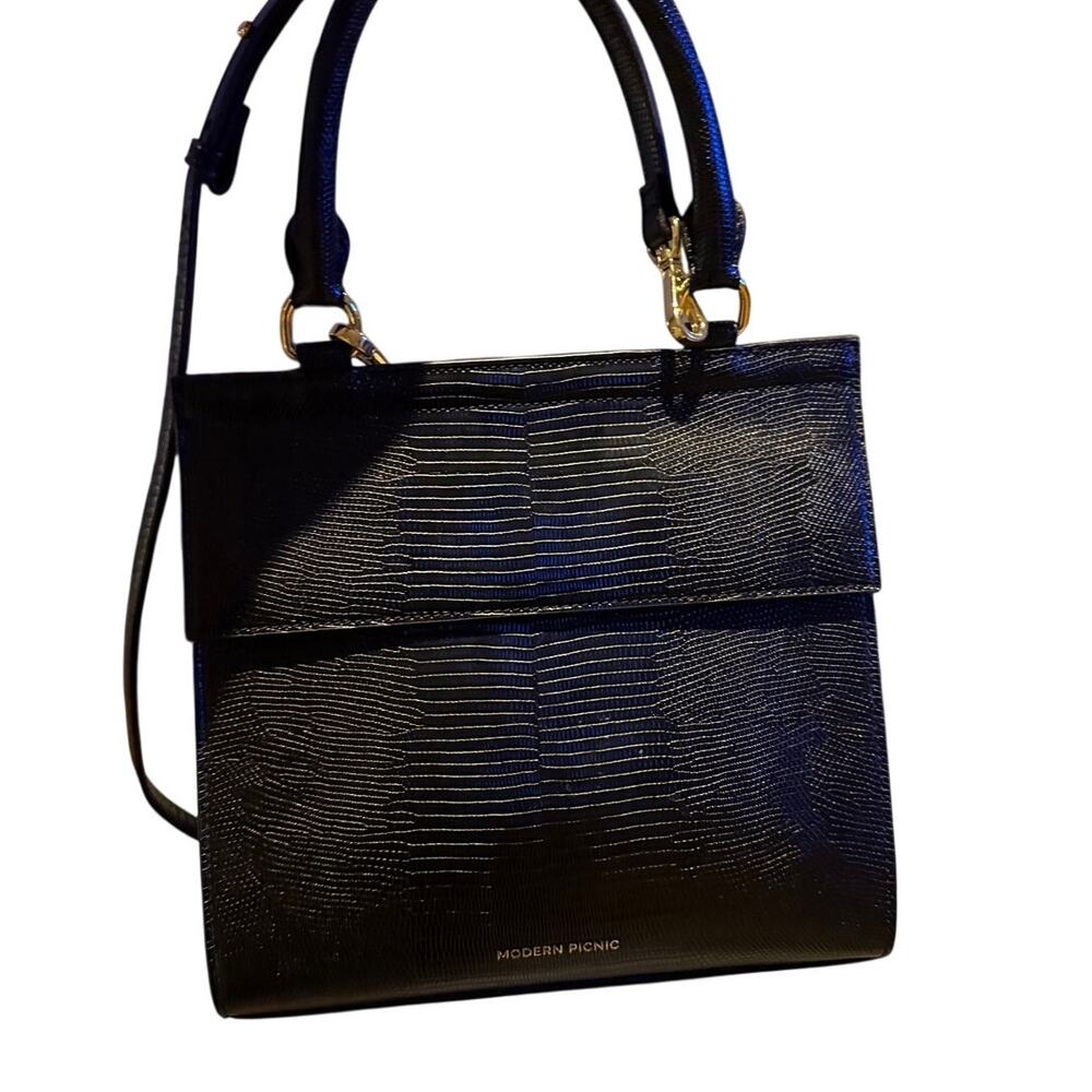 Modern Picnic Black Croc-Embossed Top Handle Shoulder Bag used once - Picture 2 of 11